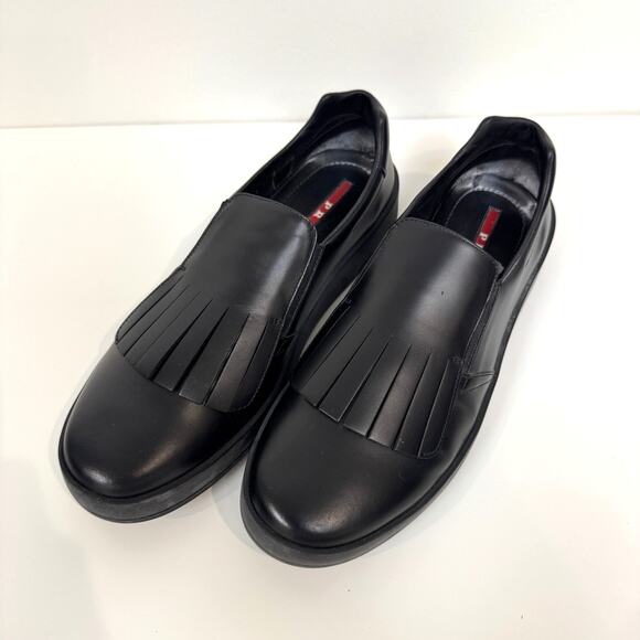 PRADA Kiltie Black Leather Fringe Sneaker Loafers 11 Casual Dress Sport Shoes